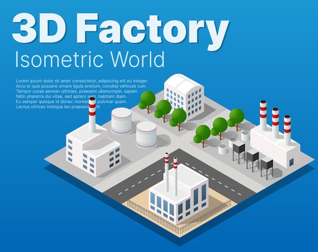 Isometrische stadsmodule industriële stedelijke fabriek met gebouwen, energiecentrales, verwarmingsgas, magazijn. vlakke kaart geïsoleerd element