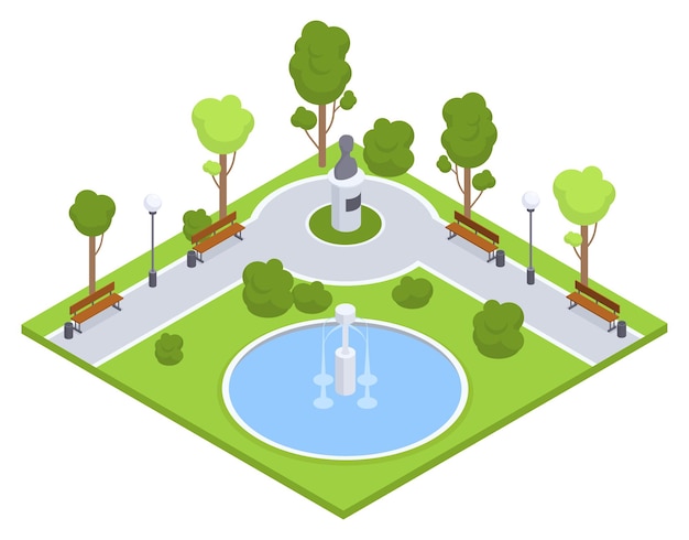 Isometrische stadsparkomgeving Stadspark fontein banken en bomen 3D vector illustratie op witte achtergrond