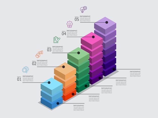 Vector isometrische stappen infografisch element rapport met zakelijk icoon 5 stappen voor elke presentatie