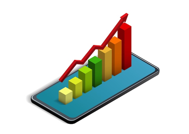 Isometrische statistische grafiek op smartphone. vector illustratie