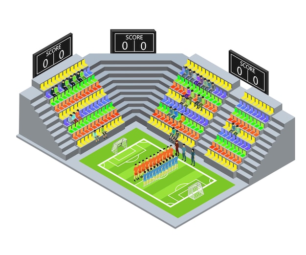 Isometrische stijlillustratie over een voetbalstadion met spelers en sommige toeschouwers