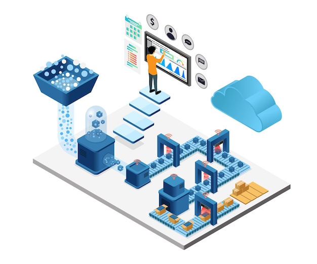 Isometrische stijlillustratie van verpakkingsfabriek met cloudopslag