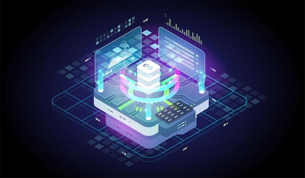 Vector isometrische tech illustratie. software ontwikkeling en programmeren. digitale technologie webbanner. grote gegevensverwerking computergebruik. analyse en informatie.