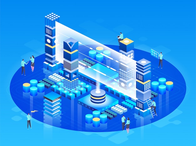 Isometrische technologie concept. database netwerkbeheer. big data-verwerking, energiestation van de toekomst. it-technicus turning server. cloud service. digitale informatie. illustratie