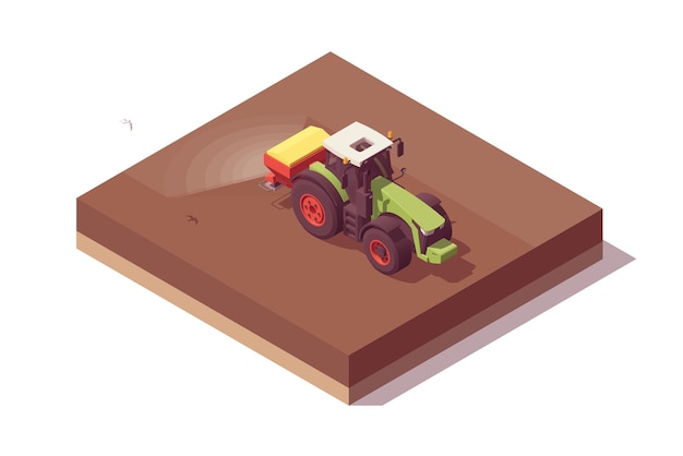 Isometrische trekker samenstelling. Geïsoleerde laag poly groene tractor met rode kunstmeststrooier die mest op het veld verspreidt. Vector illustrator. Verzameling