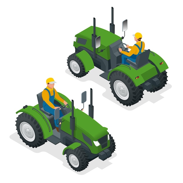 Vector isometrische trekker werkt in een veld. landbouw machines. ploegen in het veld. zware landbouwmachines voor veldwerk. vector illustratie.