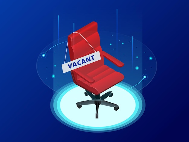 Isometrische vacature voor het werven van advertenties, vacature. Bureaustoel en een leeg bord. Werving en werving. Zakelijke leiding. Wervingsconcept.