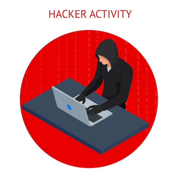 Isometrische vector internet hacker aanval en persoonlijke gegevens veiligheidsconcept. computerbeveiligingstechnologie. e-mail spam virussen bankrekening hacken. hacker werkt aan een code. internet misdaad concept.