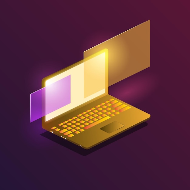 Isometrische vector Laptop met pop-up schermen