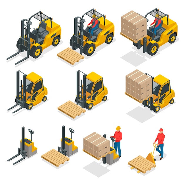 Isometrische vector vorkheftruck geïsoleerd op wit. opslag apparatuur pictogramserie. vorkheftrucks in verschillende combinaties, magazijnstellingen, pallets met goederen voor infographics.