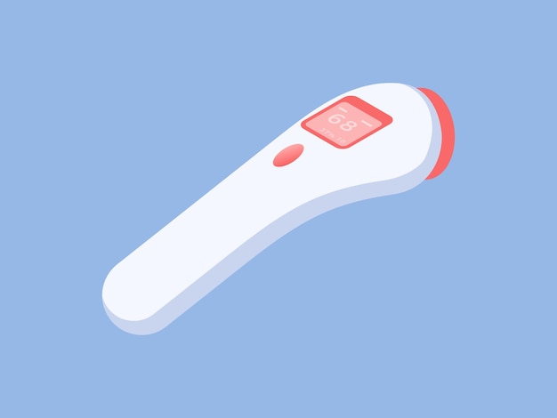 Isometrische vectorillustratie van witte en rode moderne infraroodthermometer voor externe lichaamstemperatuurmeting afgebeeld op helderblauwe achtergrond