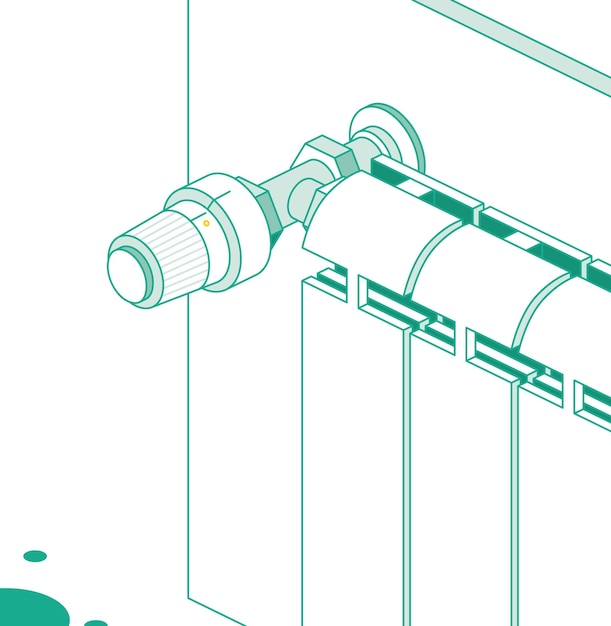 Isometrische verwarming radiator met thermostaat schets concept geïsoleerd op wit