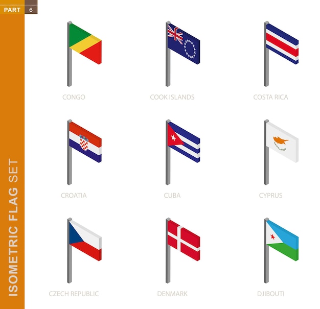 Isometrische vlag ingesteld, vlaggenmast in isometrische dimensie. verzameling van negen vlag.