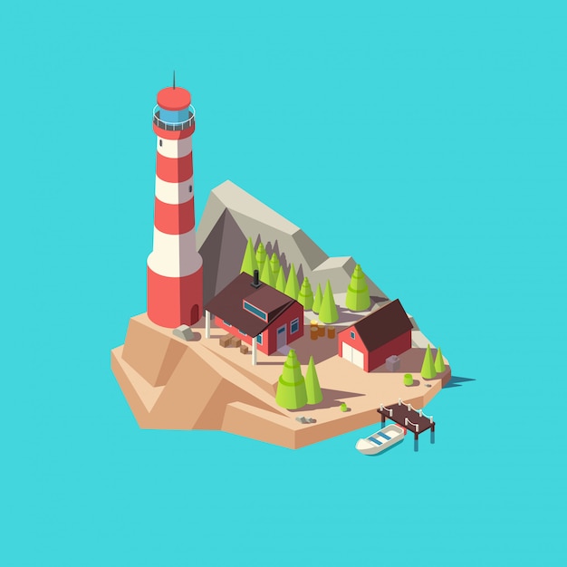 Isometrische vuurtoren. Eiland met toren en huis, bomen en boot op zee. 3d vuurtoren toren vector illustratie