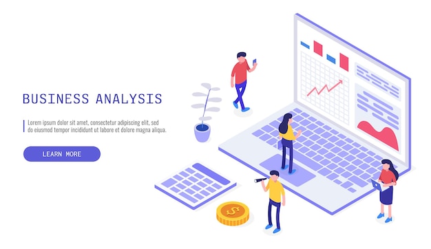 Isometrische webbanner Auditing Business Analysis concept met karakters Kansen grafische audit documentatie economische analyse financieel budget Vector illustratie voor bestemmingspagina