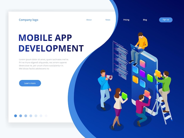 Isometrische webbanner mobiele app ontwikkelingsconcept. mobiele technologie besturingssysteem creatieve procesvisualisatie. gebruikerservaring.