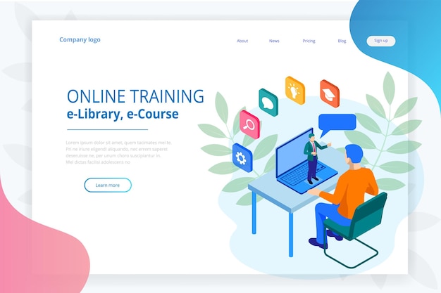 Isometrische webbanner online training of opleiding en internettrainingsconcept. Sjabloon voor bestemmingspagina's. Modern ontwerp voor een webpagina.