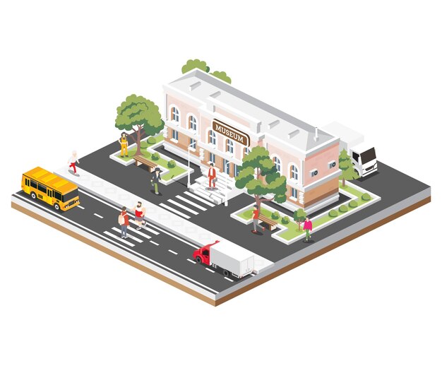 Isometrische weergave van een museumgebouw Illustratie van een prachtig klassiek gebouw met zuilen omringd door bomen auto's en mensen Stadscene met een stoep een gele schoolbus en twee vrachtwagens
