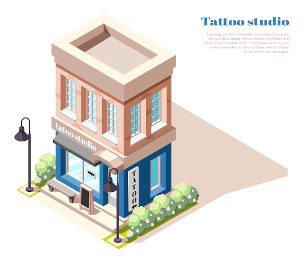 Isometrische weergave van tattoo-studio met twee verdiepingen