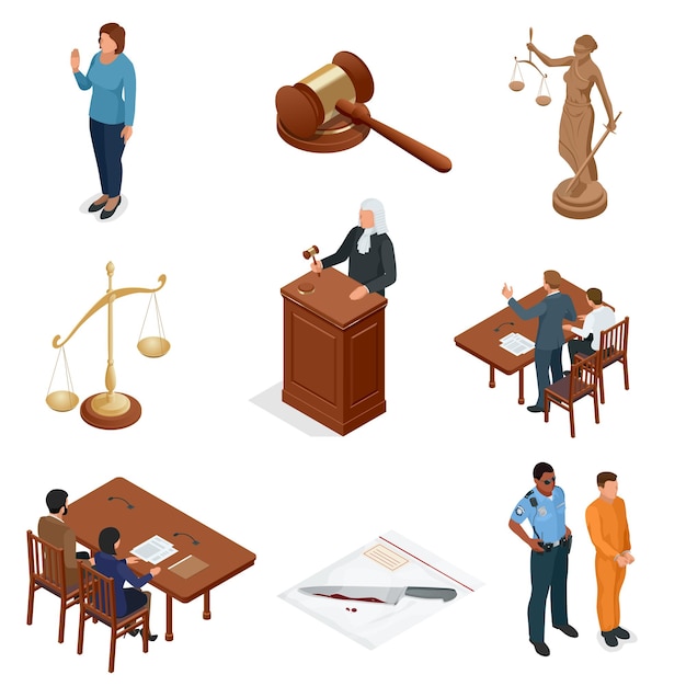 Isometrische wet en rechtvaardigheid. Symbolen van wettelijke voorschriften. Juridische pictogrammen instellen. Juridische juridische, tribunaal en oordeel, wet en hamer, vectorillustratie.