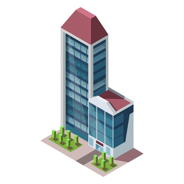 Isometrische wolkenkrabber bouwen zakelijk kantoor en commerciële torens stadsontwikkeling in 3d-ontwerp financiën stadsgezicht architectuur straatelementen voor kaart vector illustratie