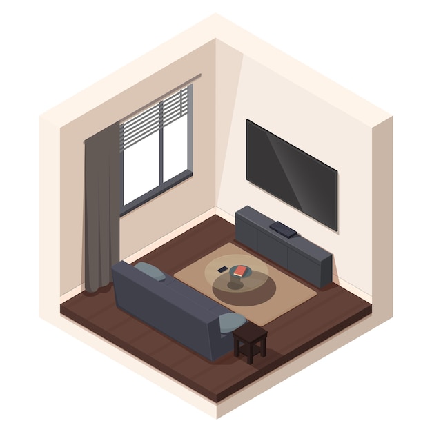 Isometrische woonkamer met tv en sofa vectorillustratie