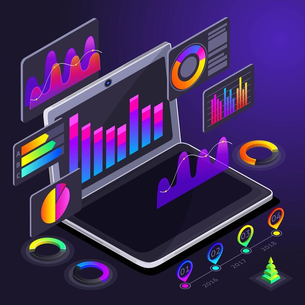 Vector isometry diagram on laptop screen holographic color charts profit indicators analysis