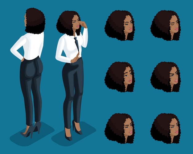 Isometry girl emotions, hand gestures business lady, lawyers, bank workers,  face expression, front view rear view. Qualitative isometry of people