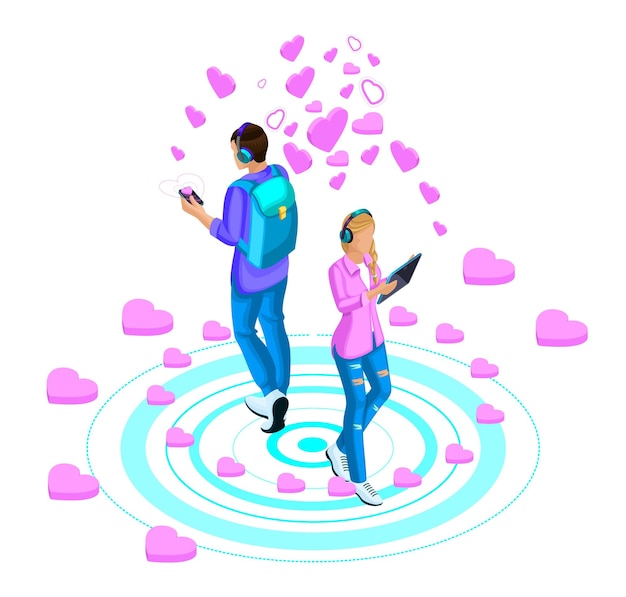 Isometry of a girl and a guy are leading love correspondence messages and video messages