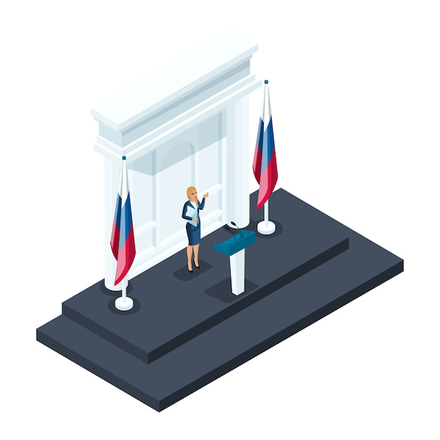 Vector isometry is a woman candidate for presidency, the candidate speaks at a briefing in the kremlin. speech, russian flag, elections, voting