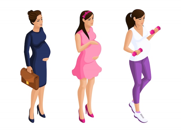 Isometry A pregnant girl in different forms, a business woman, on a walk, goes in for sports. Set of characters for  illustrations