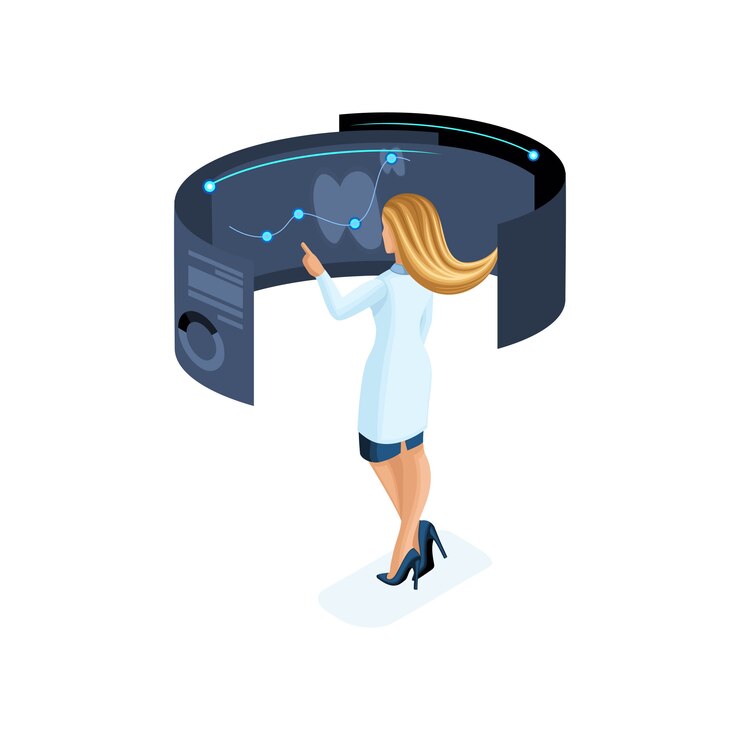 Vector isometry of a private clinic worker uses modern technology,  , virtual screen, large tablet, modern data storage, for doctors, surgeons, nurses