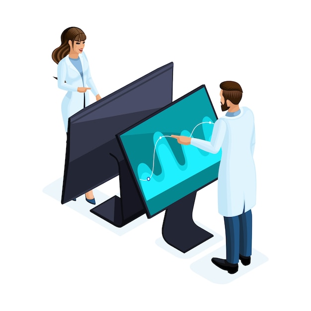 Vector isometry of a private clinic worker uses modern technology, virtual screen, large tablet, modern data storage, for doctors, surgeons, nurses