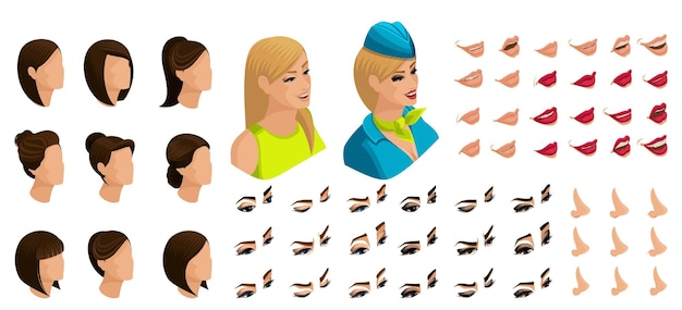 Vector isometry of the stewardess girl with a set of emotions for the creation of her character a large set of lips hair eyes nose beauty facial designer set 5