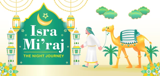 Vector isra miraj 3d illustration of a man carrying a camel with floral and cloud ornaments