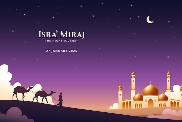Isra Miraj background with man and camel silhouette and mosque in gradient style