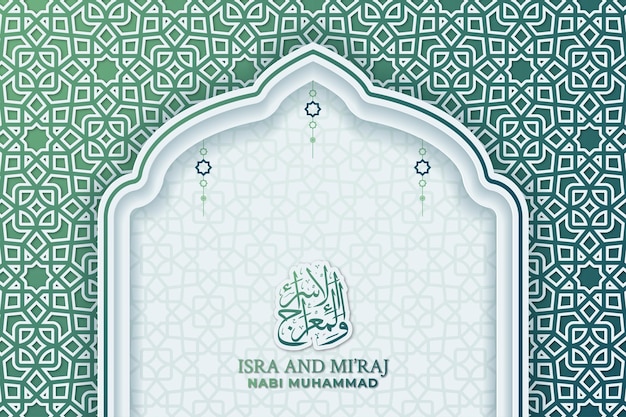 Isra miraj greeting card with calligraphy and ornament premium vector