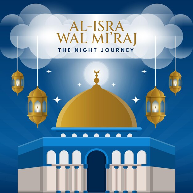 Illustrazione di isra miraj con lanterna dan moschea