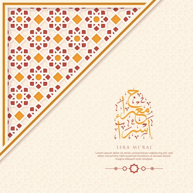 Isra Miraj-wenskaart met kalligrafie en ornament Premium Vector