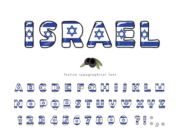 Israël cartoon lettertype. Israëlische vlag kleuren.