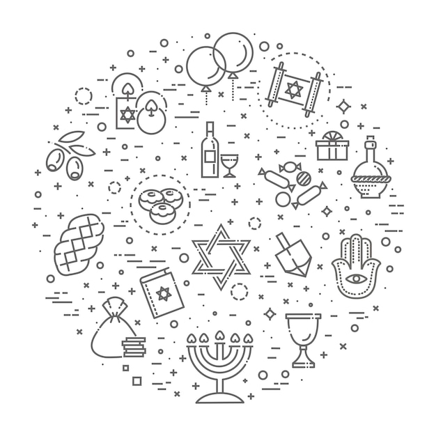 Israel Judaism Icons Collection Line Happy Hanukkah Icons Set