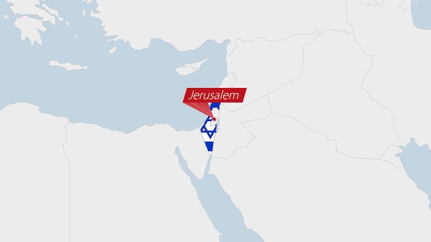 Israël-kaart gemarkeerd in de vlagkleuren van Israël en de speld van de hoofdstad Jeruzalem