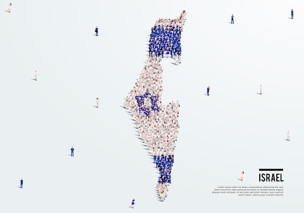이스라엘 지도 및 국기. 지도를 만들기 위해 이스라엘 국기 색상 양식에 있는 많은 사람들. 벡터