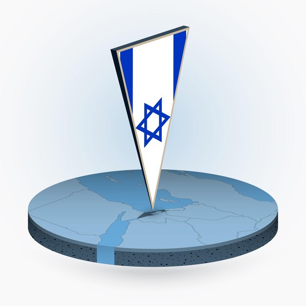 Israel map in round isometric style with triangular 3D flag of Israel