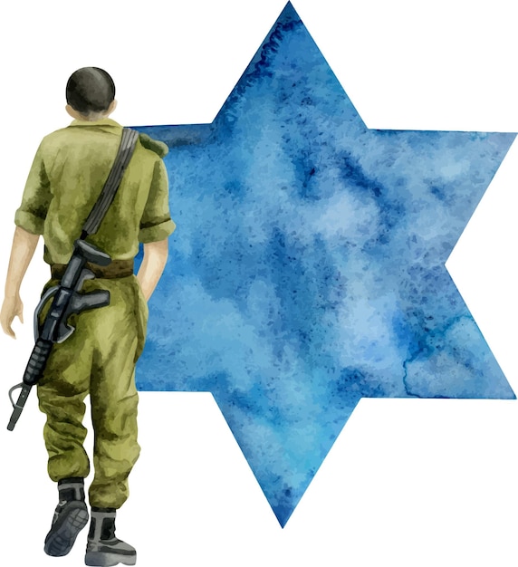 다의 파란 별과 라이플을 가진 이스라엘 군인 수채화 그림 유대인 기념일