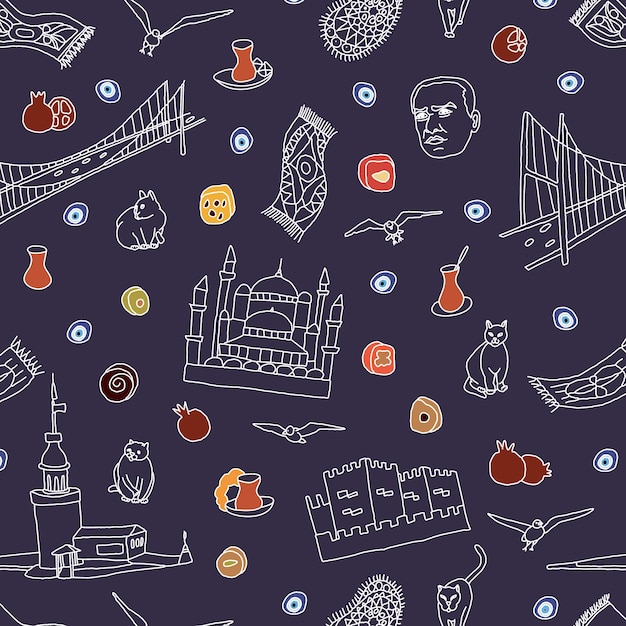 벡터 이스탄불 낙서 패턴 그림 이스탄불 휴가 여행 플랫 드로잉 현대 평면 스타일 터키어