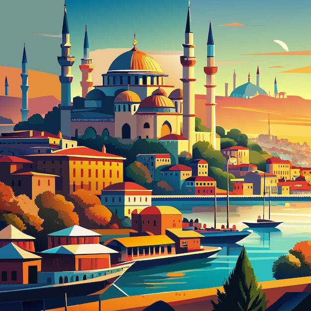 Istanbul A painting of a city with a large blue dome on top of a building