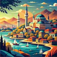 Vector istanbul a painting of a city with a large blue dome on top of a building