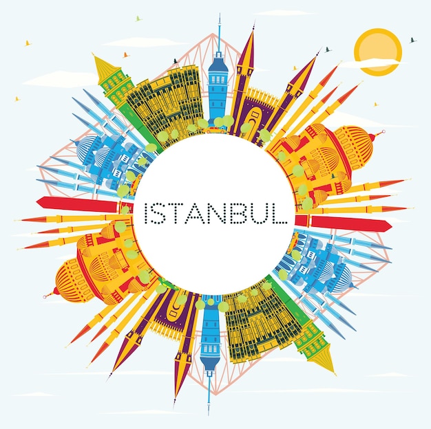 Горизонты города стамбул турция с цветными зданиями, голубым небом и копией пространства. векторные иллюстрации. деловые поездки и концепция туризма с городом стамбул. городской пейзаж стамбула с достопримечательностями.