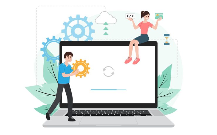 Vector it administrator with software upgrade process on laptop. digital system device administration, network upkeeping, computer systems configuration concept. system maintenance application vector.